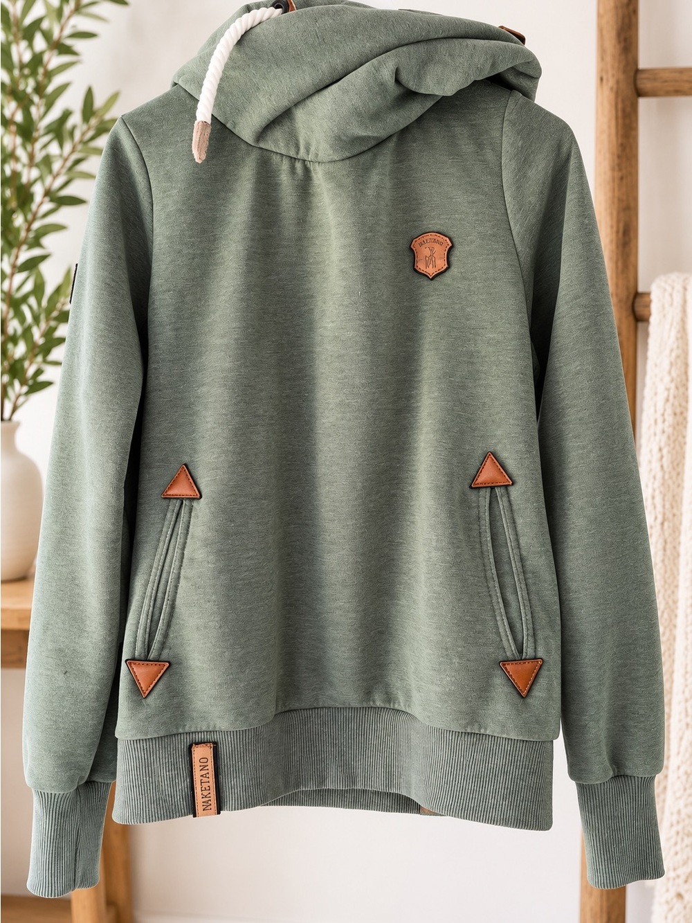 Naketano Brave New Word Green Pullover Hoodie Faux Leather Detail Medium